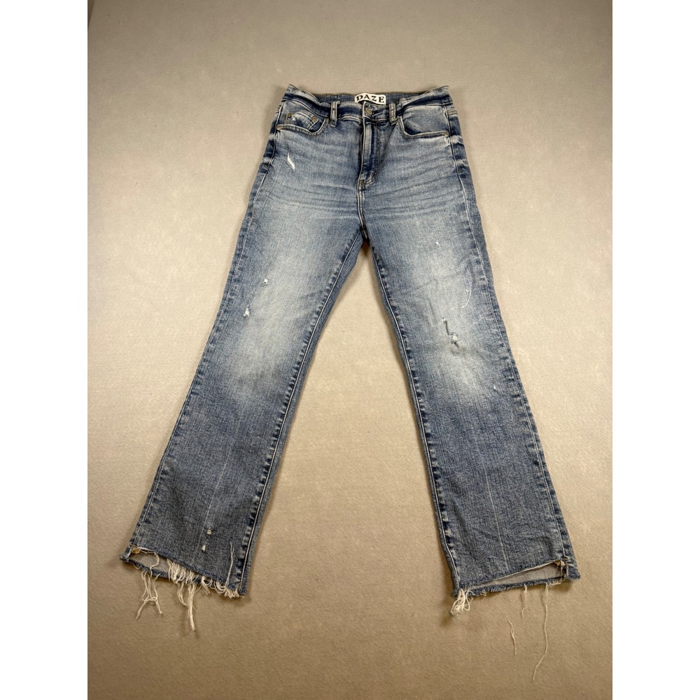 Daze Women High Rise Straight Leg Distressed Raw Hem Jeans Blue Size 26